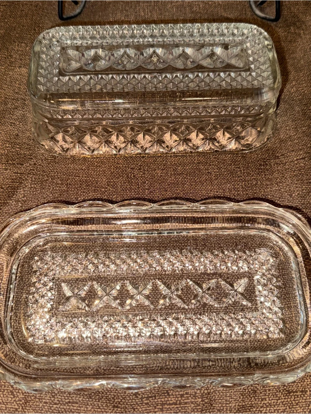 Vintage Clear Pressed Glass Butter Dish With Lid Diamond Pattern Covered Butter